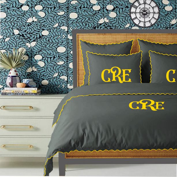 Parure de couette Monogram gris foncé, 400 fils, coton avec broderie à petites feston