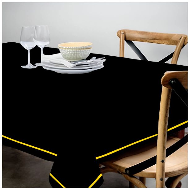 Nappe unie en satin de coton avec bordure brodée simple - Noir