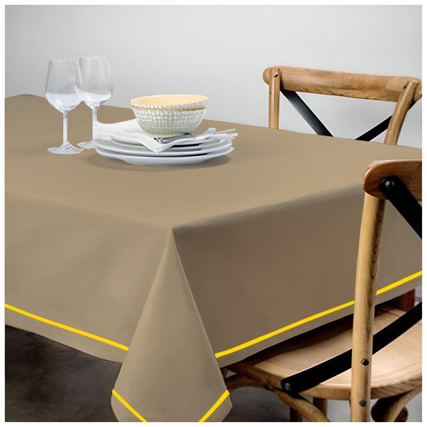 Nappe unie en satin de coton avec bordure brodée simple - Taupe