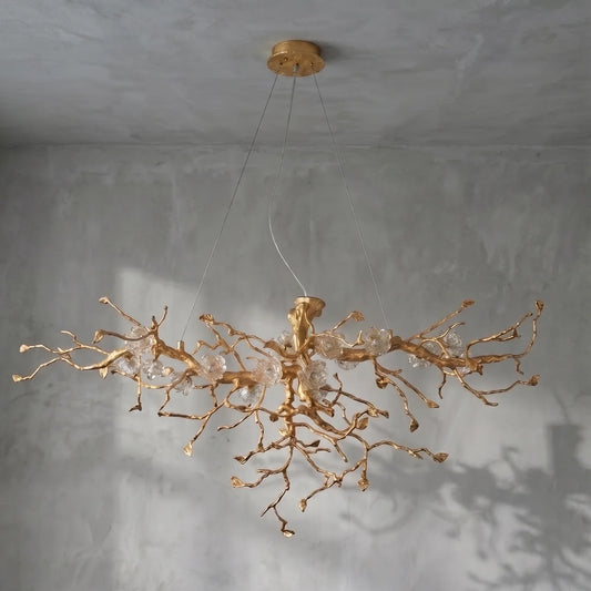 Lustre fleur en verre avec branche d'arbre dorée