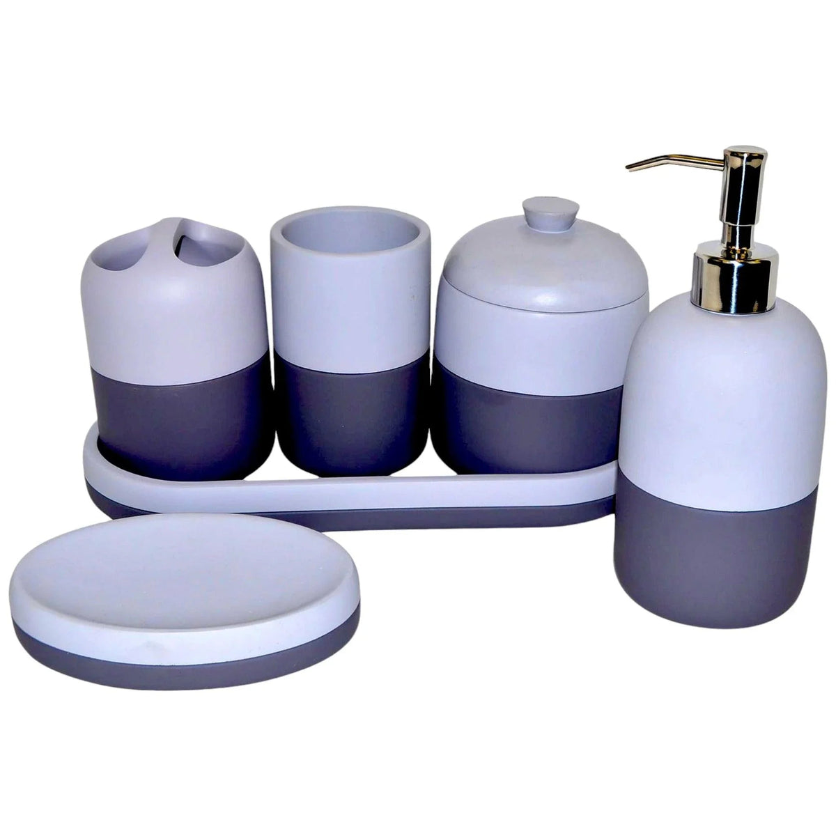 Ensemble d'accessoires de salle de bain gris avec plateau de courtoisie