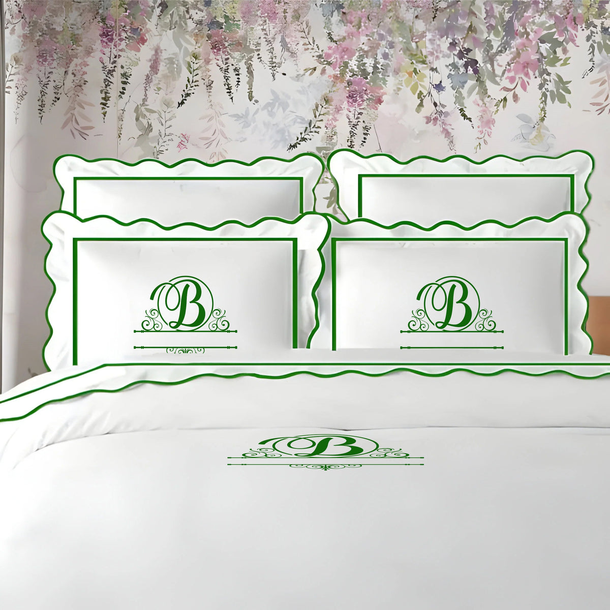 Parure de housse de couette unie en satin de coton 400 fils avec monogramme, broderie festonnée et bordure
