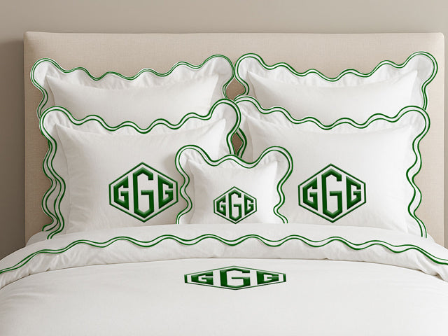Housse de couette luxueuse en coton à monogramme et double feston