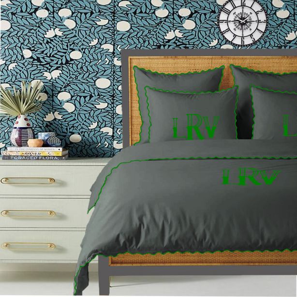 Parure de couette Monogram gris foncé, 400 fils, coton avec broderie à petites feston