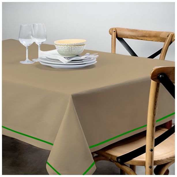Nappe unie en satin de coton avec bordure brodée simple - Taupe