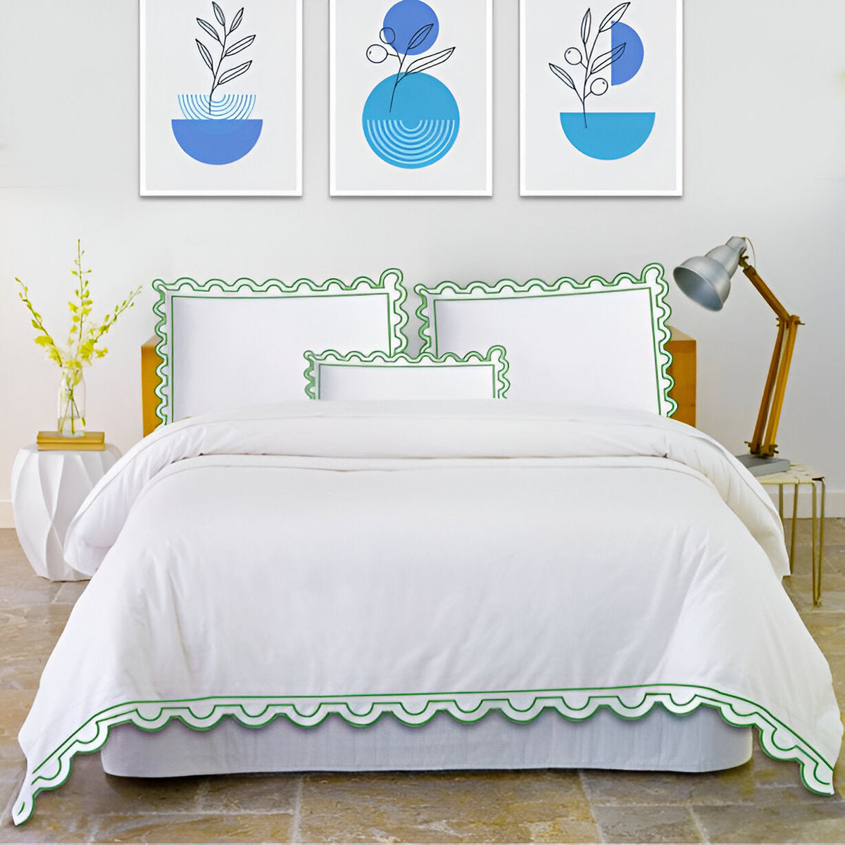 Parure de lit en coton, 400 fils, forme en U avec broderies festonnées