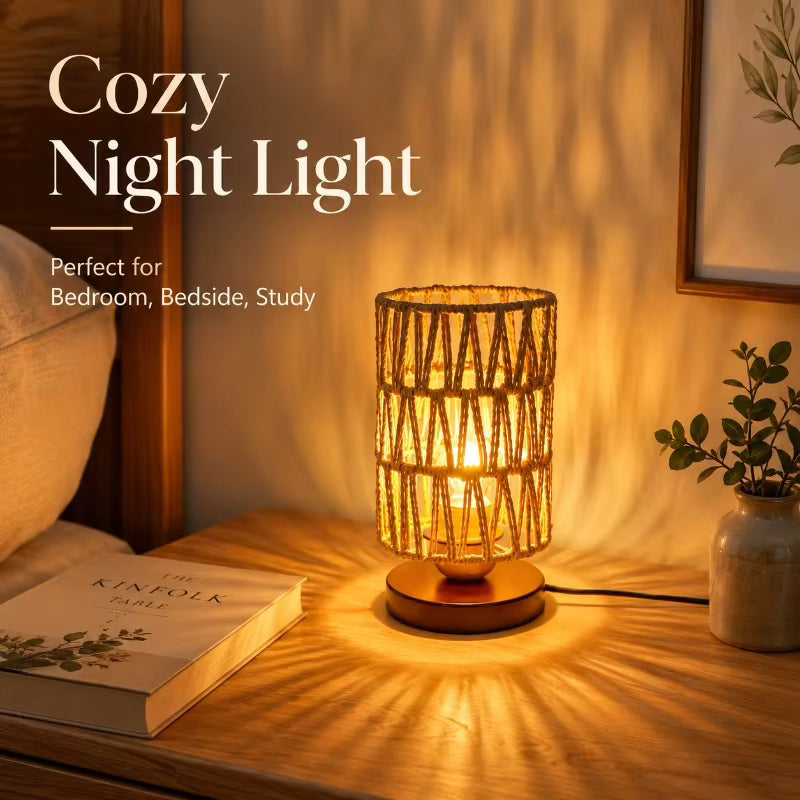 Hemp Rope Woven Table Lamp | Rustic Wooden Base Desk Light