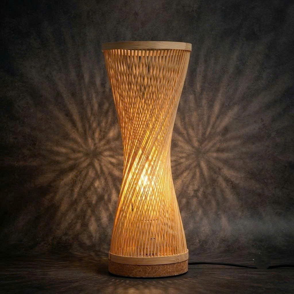Handcrafted Bamboo Hourglass Table Lamp | Spiral Woven Accent Desk Light