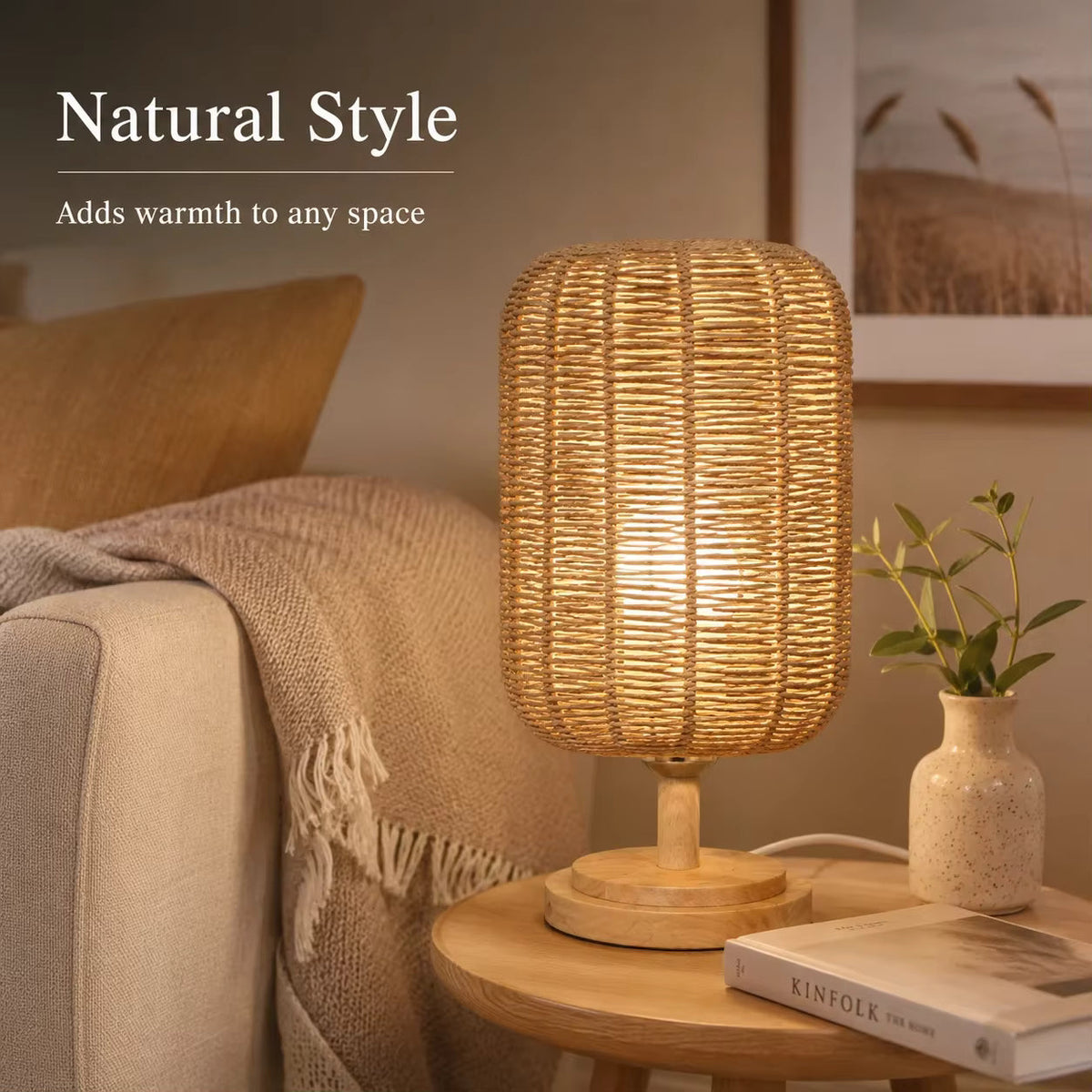 Handcrafted Natural Hemp Rope Table Lamp | Woven Wooden Base Desk Light