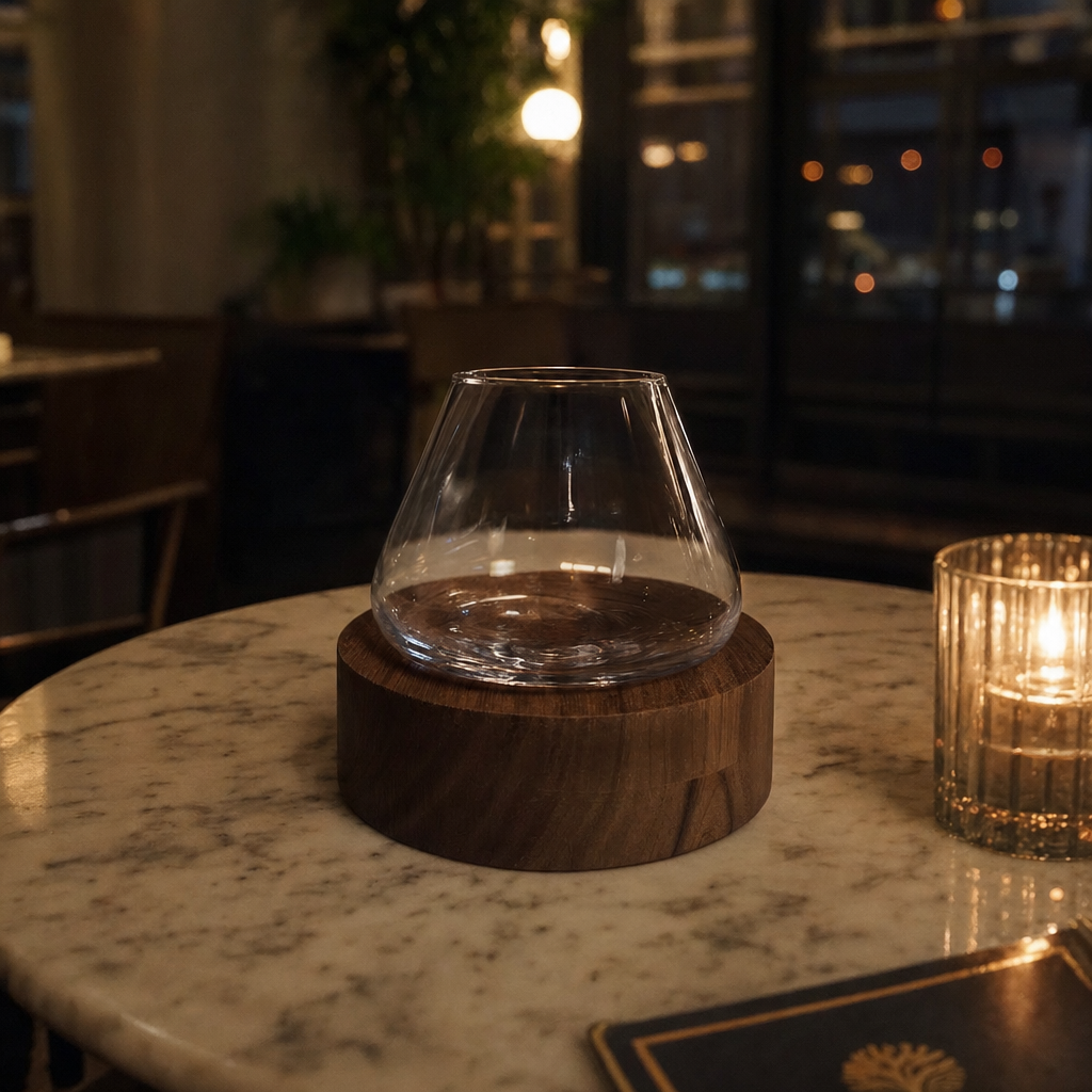 Verre à vin rotatif en cristal et sous-verre en bois Kami