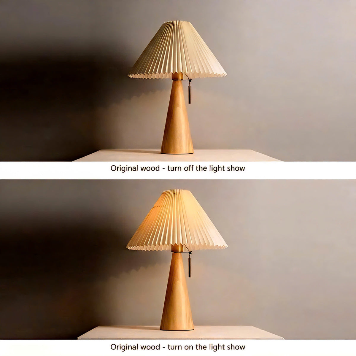Cone Wooden Base Pleated Table Lamp | Vintage Pull-Chain Desk Light