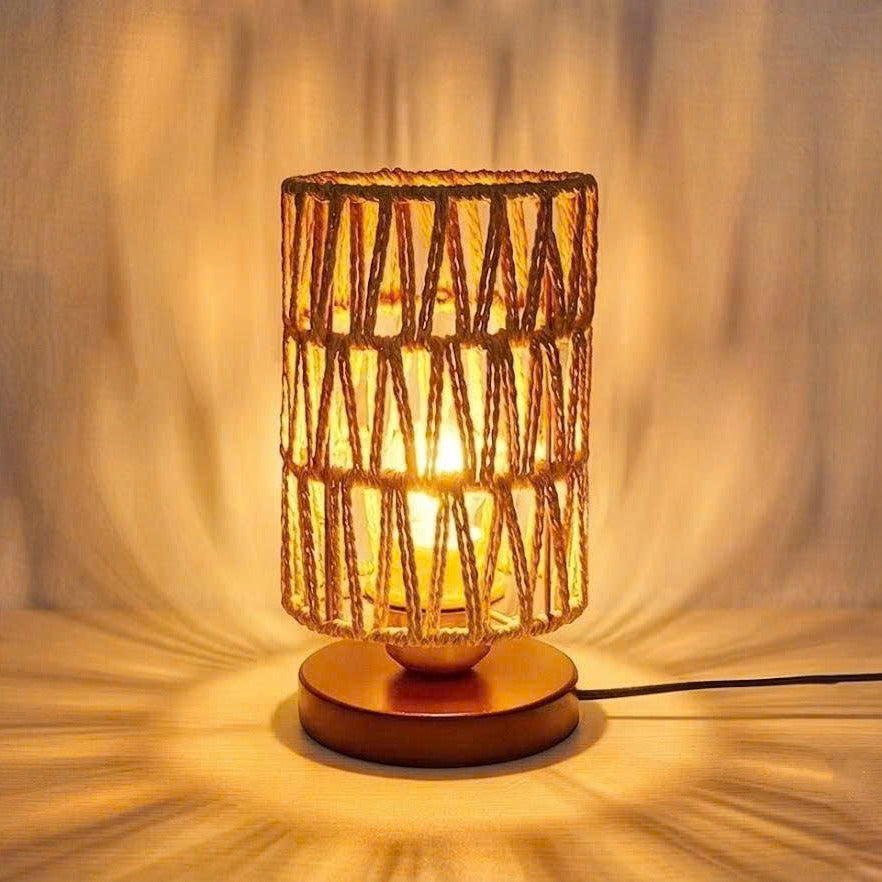 Hemp Rope Woven Table Lamp | Rustic Wooden Base Desk Light