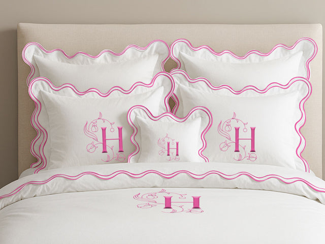 Housse de couette luxueuse en coton à monogramme et double feston