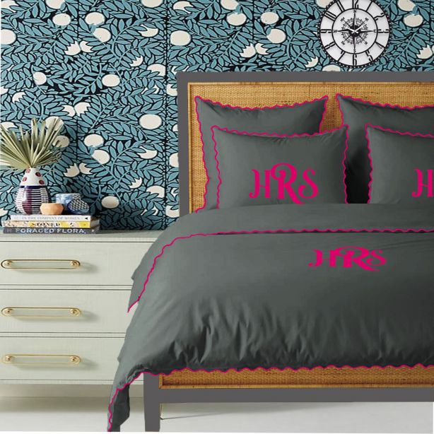 Parure de couette Monogram gris foncé, 400 fils, coton avec broderie à petites feston