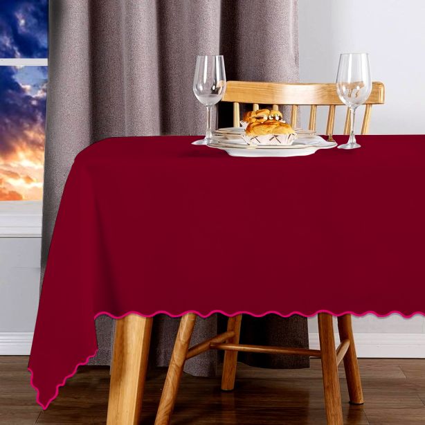 Tovaglia in cotone satinato tinta unita con ricamo a smerlo - Bordeaux
