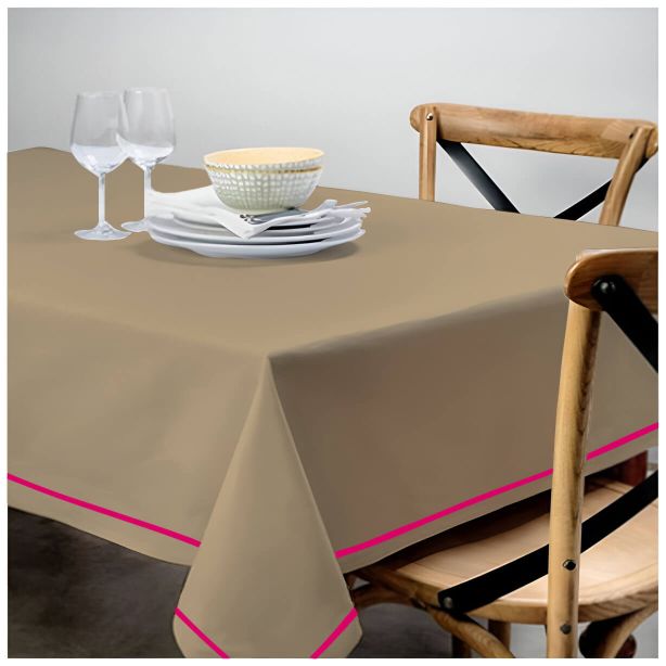 Nappe unie en satin de coton avec bordure brodée simple - Taupe