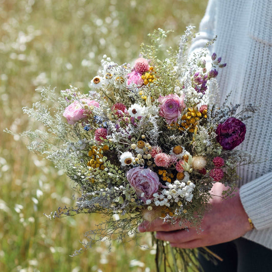 Dried Flower Bouquet with Ranunculus, Yarrow, Daisies & Baby’s Breath
