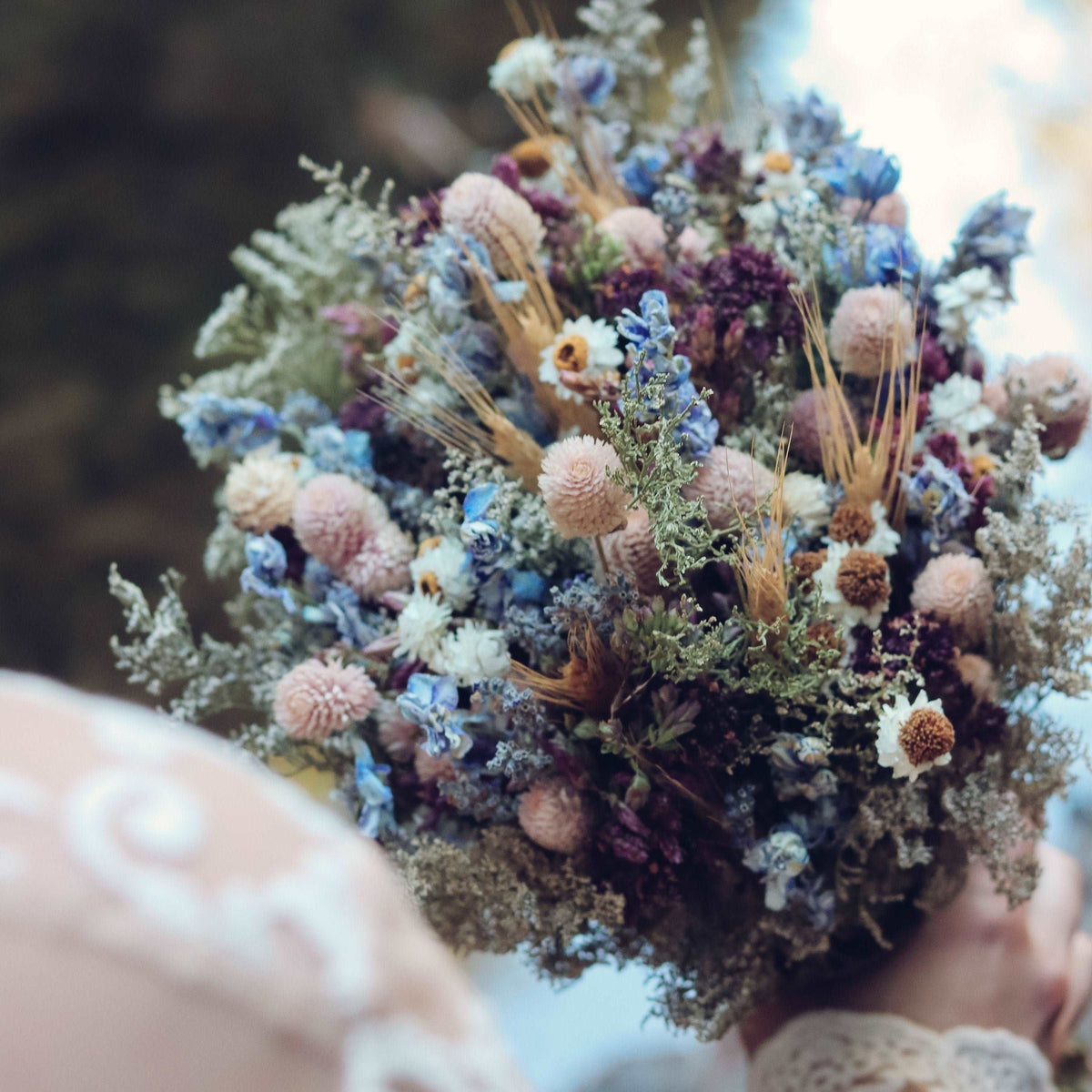 Blue Lavender Dried Bridal crown for Dry Flower Wedding, Rustic Boho Brides, Bridesmaid bouquet, Wildflowers Dried bouquet
