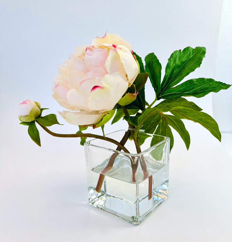 Composition florale de pivoines dans un vase en verre - 25 cm