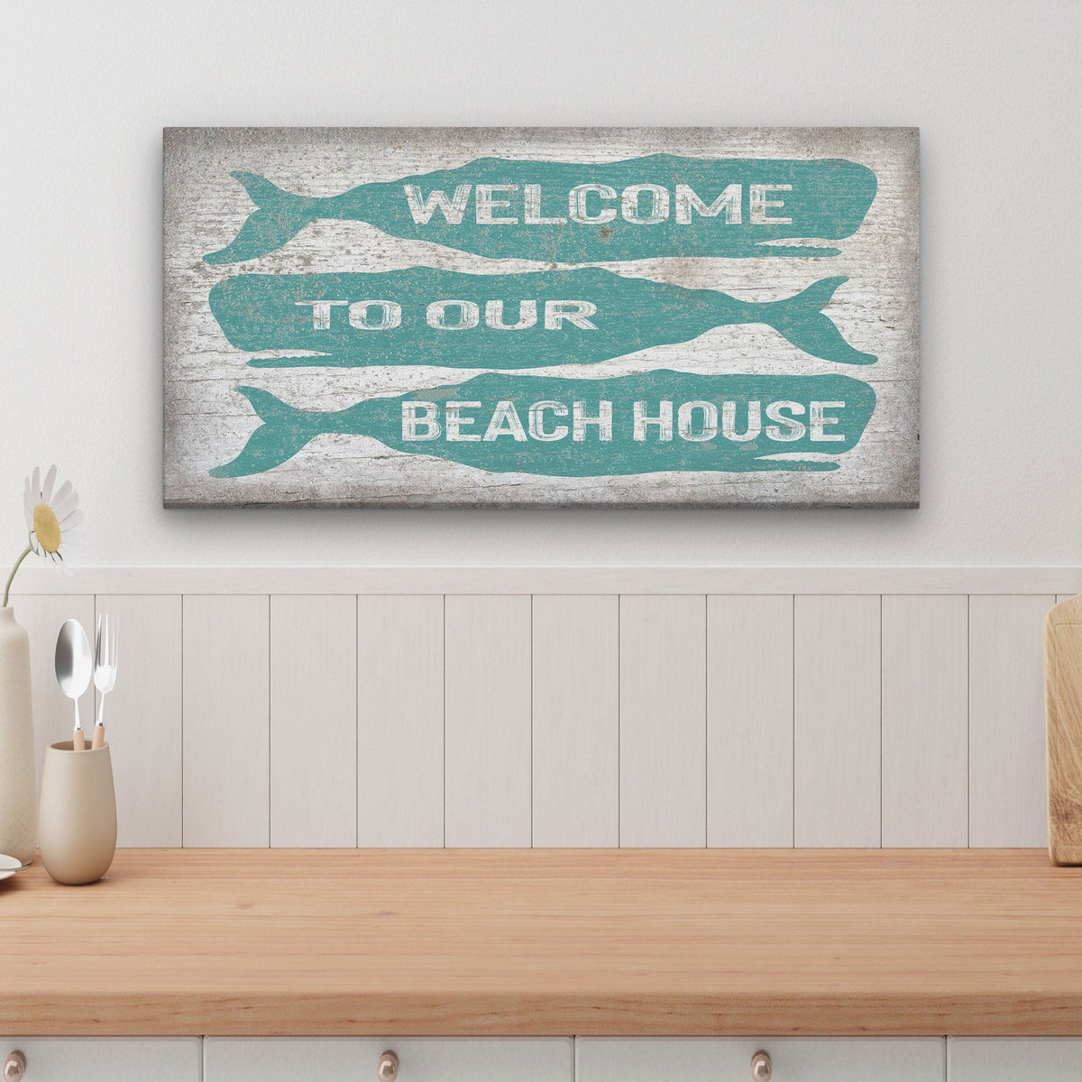 Cartello di benvenuto con balena - Targa personalizzata per casa al mare - Decorazione murale costiera