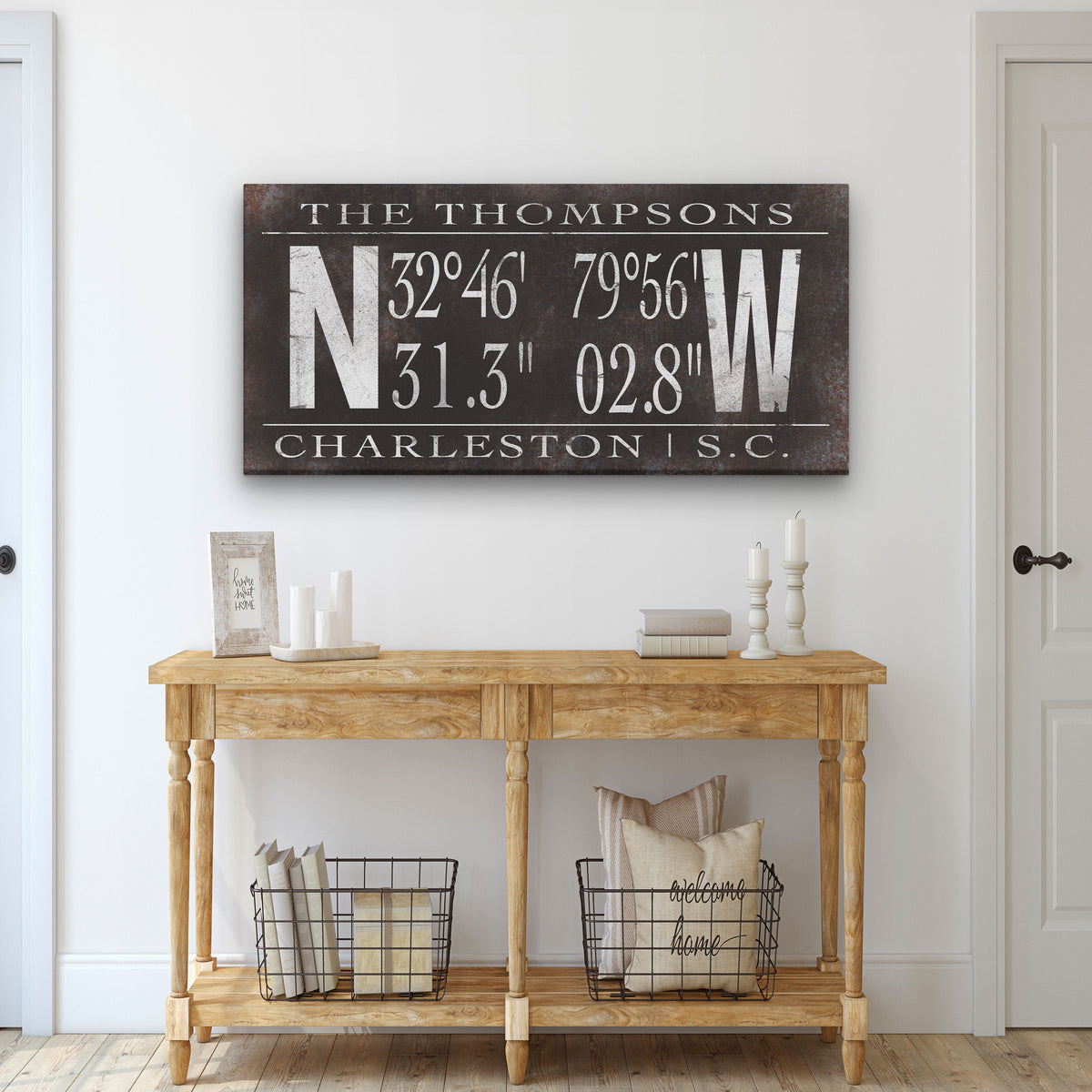 Decorazione da parete su tela con cognome e coordinate di latitudine e longitudine personalizzate