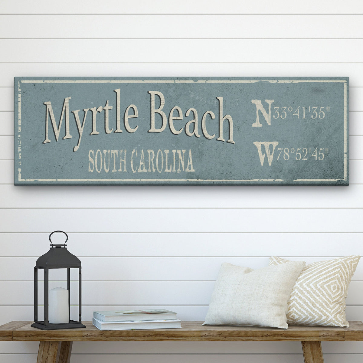 Panneau personnalisé rustique en toile avec ville et coordonnées de latitude et longitude