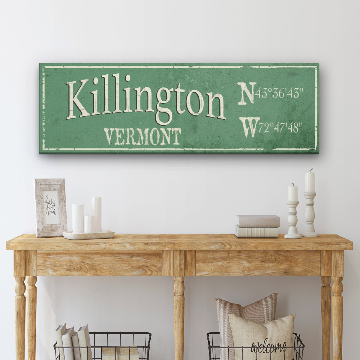 Panneau personnalisé rustique en toile avec ville et coordonnées de latitude et longitude