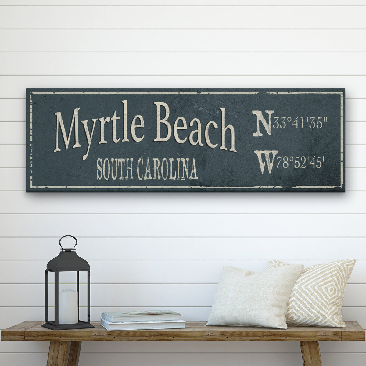 Panneau personnalisé rustique en toile avec ville et coordonnées de latitude et longitude