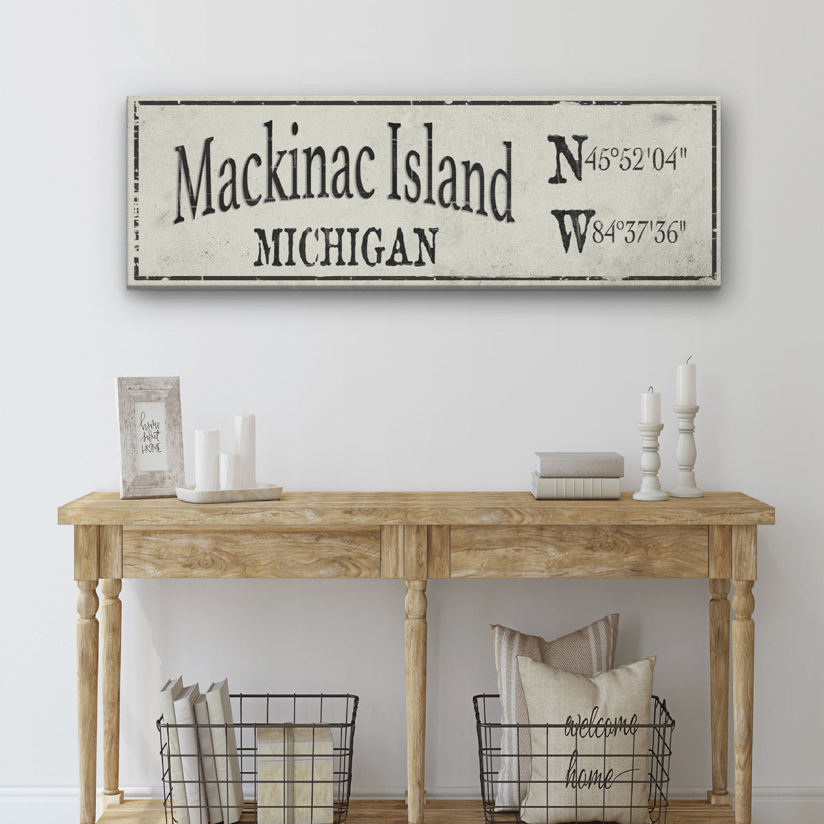 Panneau personnalisé rustique en toile avec ville et coordonnées de latitude et longitude