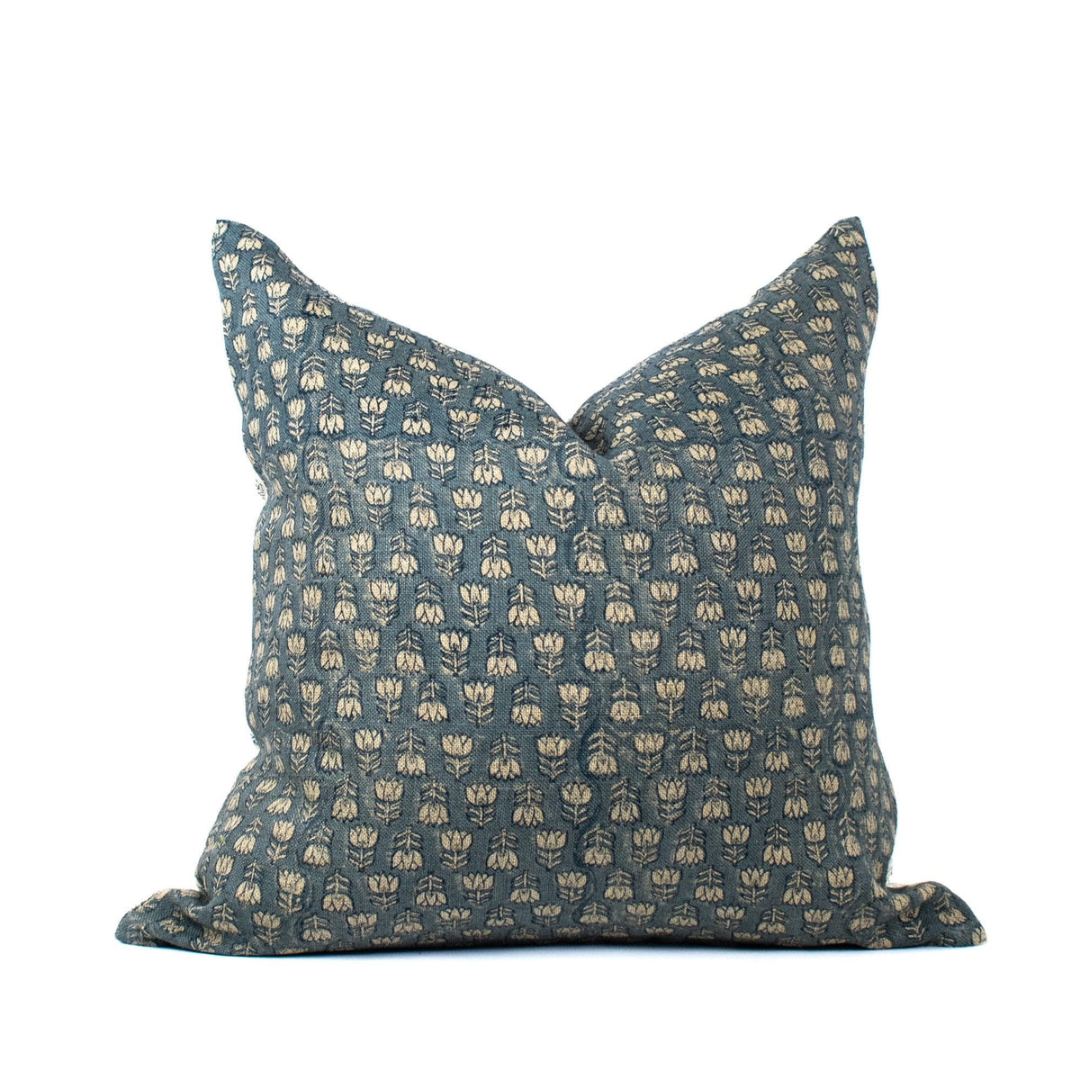 Hand Block Print Linen Pillow Cover, Teal Floral Accent
