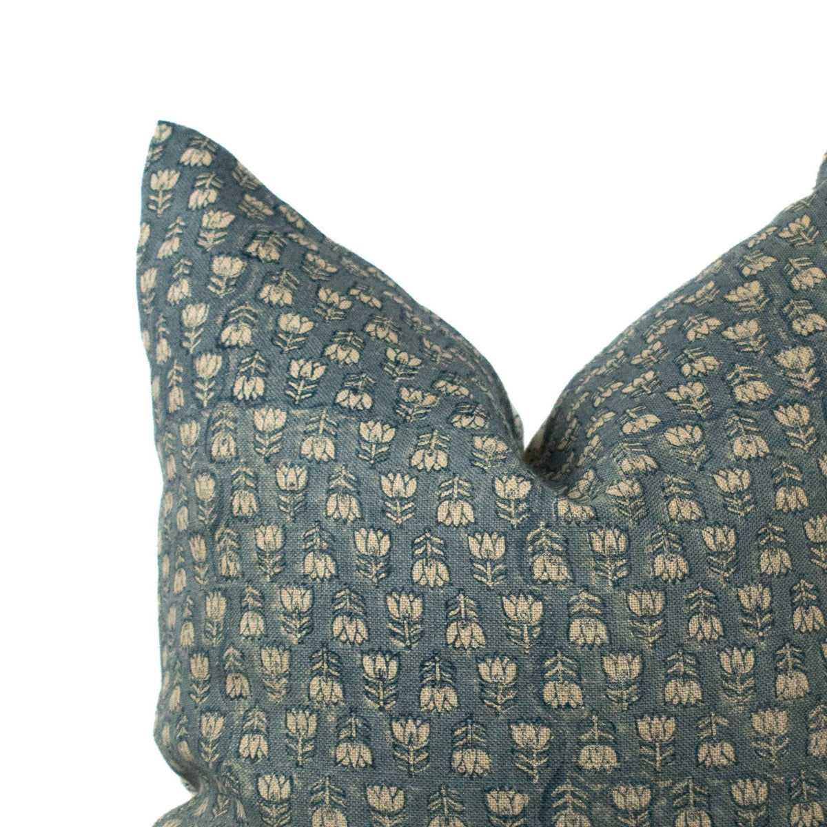 Hand Block Print Linen Pillow Cover, Teal Floral Accent