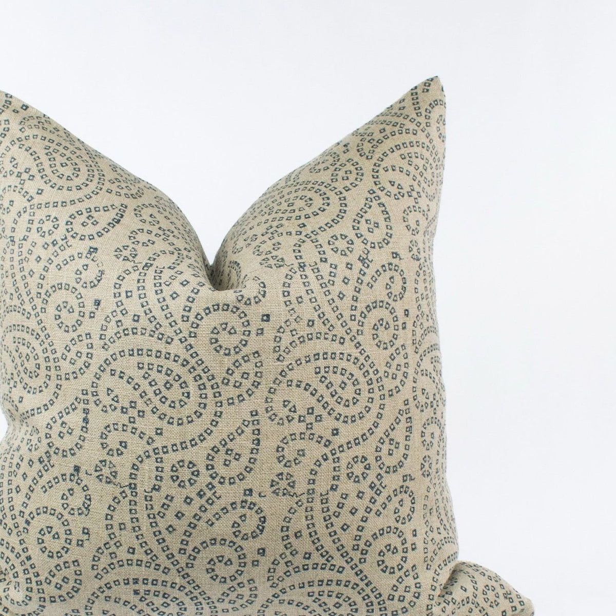 Indian Cushion Cover, Linen With Cotton Backing, Floral Blockprint, Handcrafted Lumbar Accent For Chair Or Sofa Or Couch - TULJA TEAL BL