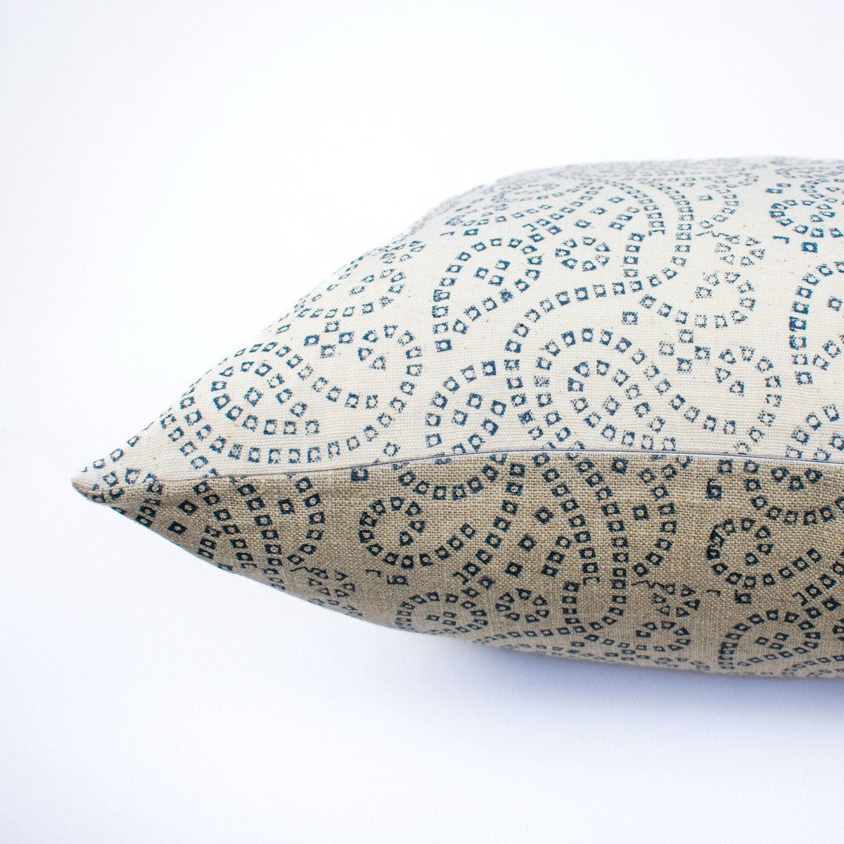 Indian Cushion Cover, Linen With Cotton Backing, Floral Blockprint, Handcrafted Lumbar Accent For Chair Or Sofa Or Couch - TULJA TEAL BL