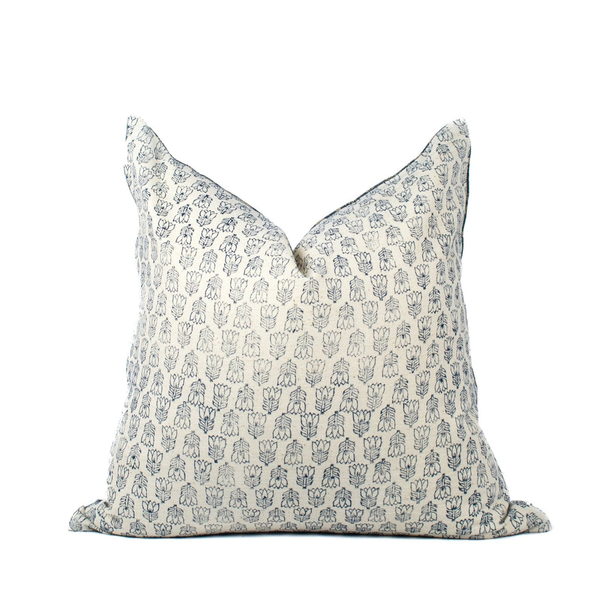 Hand Block Print Linen Pillow Cover, Teal Floral Accent