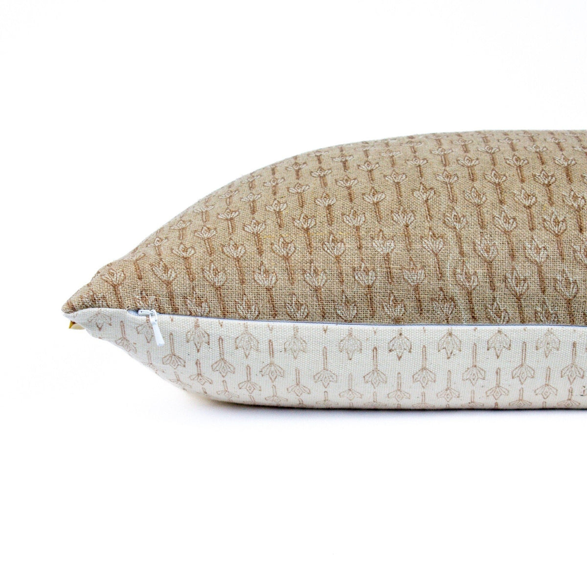 Neutral Throw Pillowcase, Blocked Indian Fabric, Floral Linen-Cotton Cushion For Cozy Boho Decor, New House Gift Ideas - ANANDI STUCCO