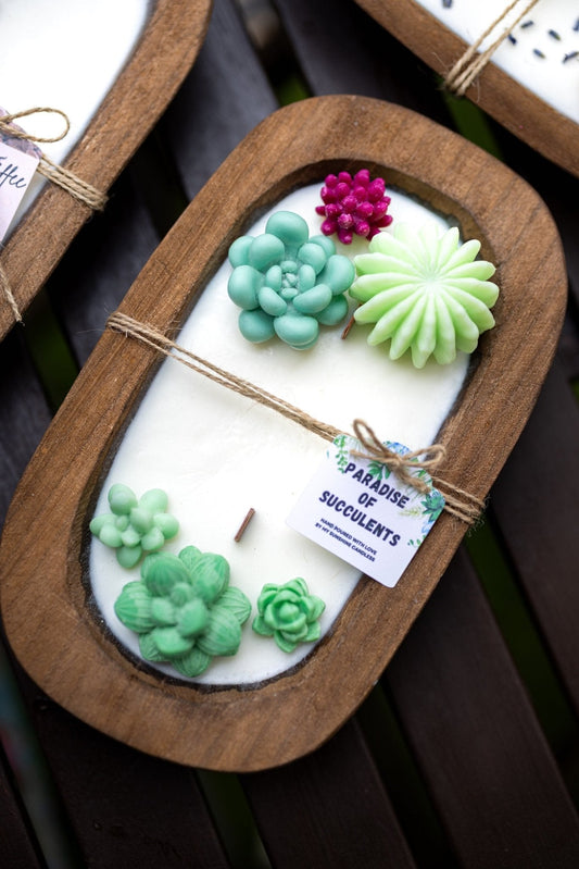 Bougie dans bol en bois à succulentes - Décoration rustique de ferme et bougie au soja avec mèche en bois