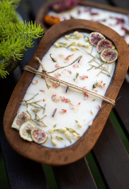 Bougie dans un bol en bois aux fruits et fleurs | Décoration style ferme | Bougie à 3 mèches en bois | Cadeau pour elle