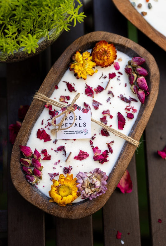 Bougie au soja Summer Rose Farmhouse | Bol en bois à trois mèches | Bougie à mèche en bois