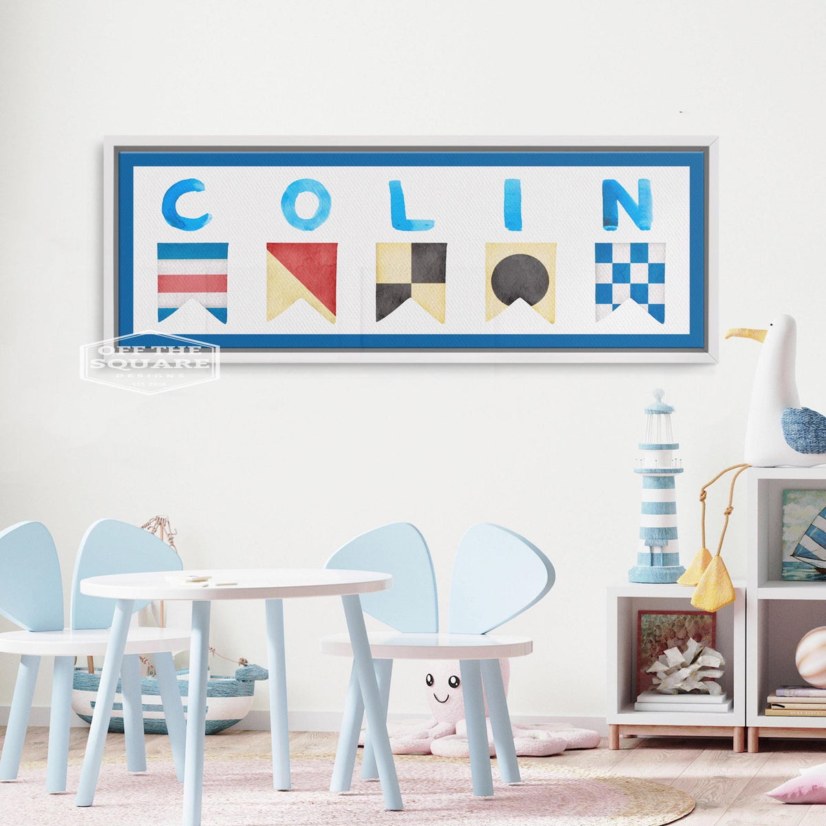 Stampa su tela con nome del bambino personalizzato con bandierine nautiche e cornice