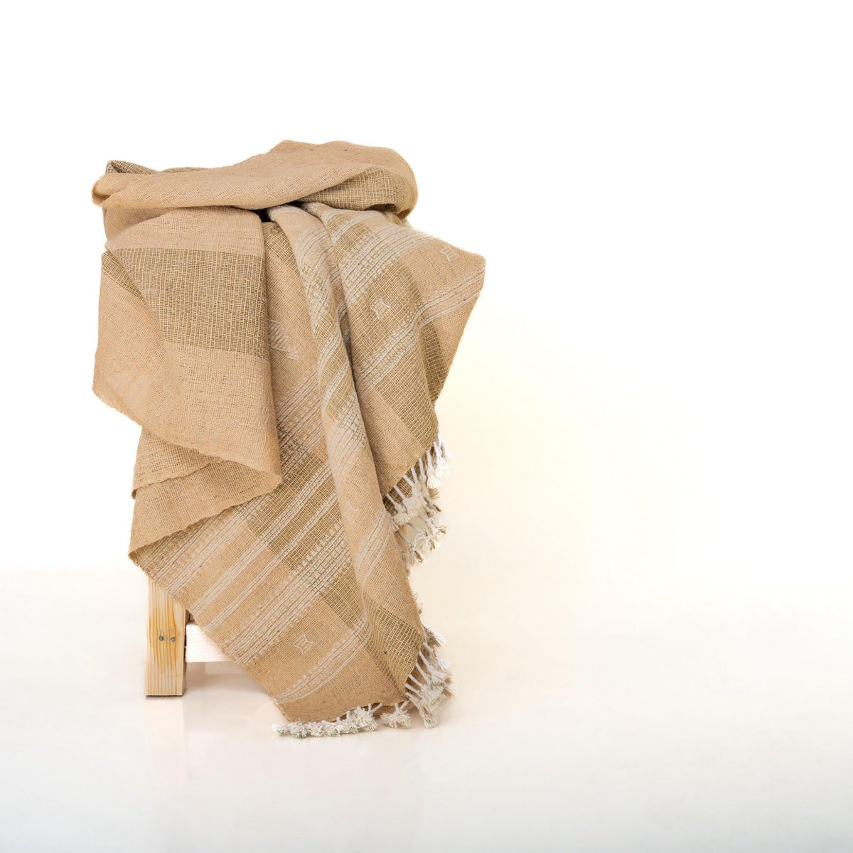 Tan Indian Wool Throw Blanket, Handwoven Couch Coverlet with Desert Reading Chair Accent - CASSIA
