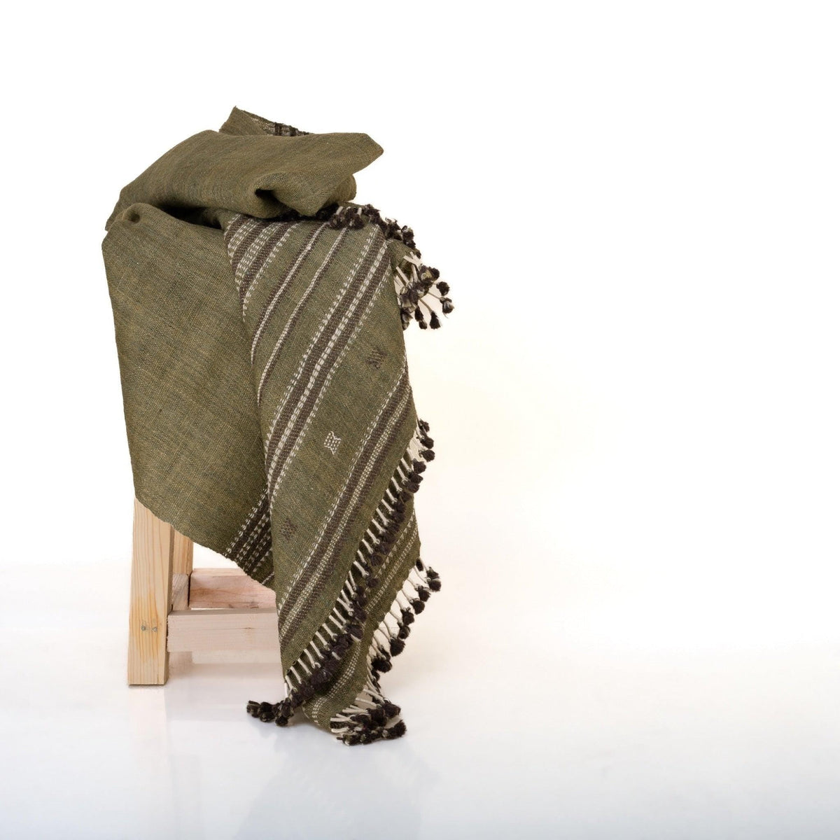 Olive Green Striped Indian Wool Throw Blanket, Handwoven Sofa Coverlet with Bed Accent - GARNET