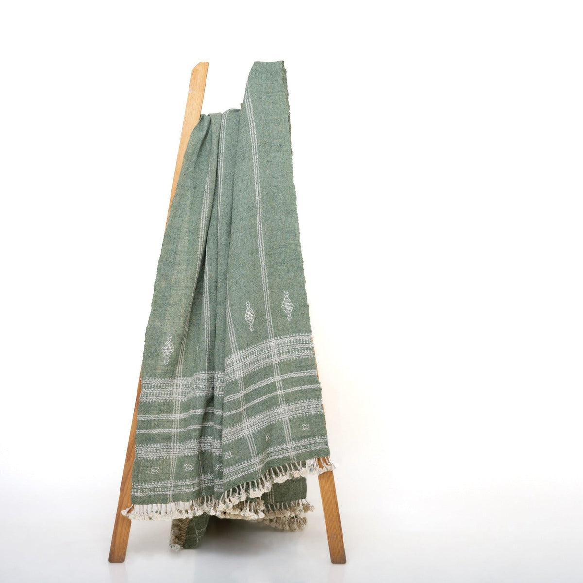 Soft Green Indian Wool Throw Blanket, Handwoven Couch Coverlet with Minimalist Bed Accent - EMRALD