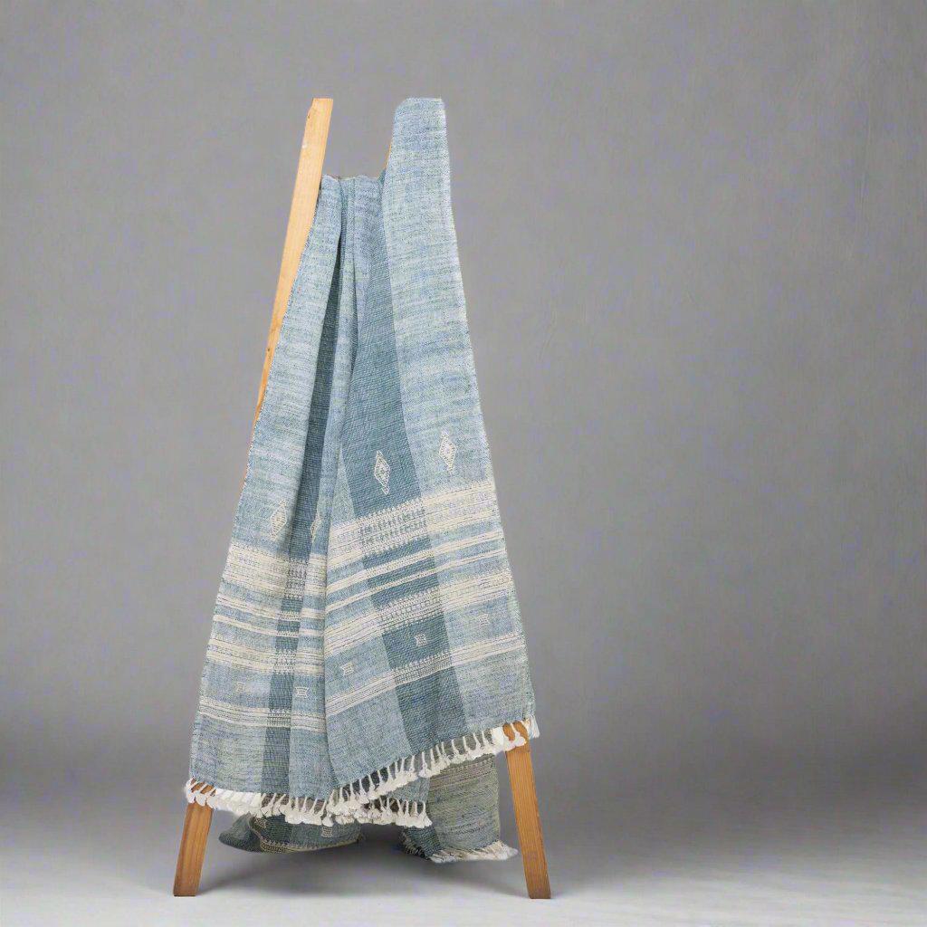 Teal Blue Indian Wool Throw Blanket, Handwoven Sofa Coverlet with Striped Foot-of-Bed Layer - IRIS