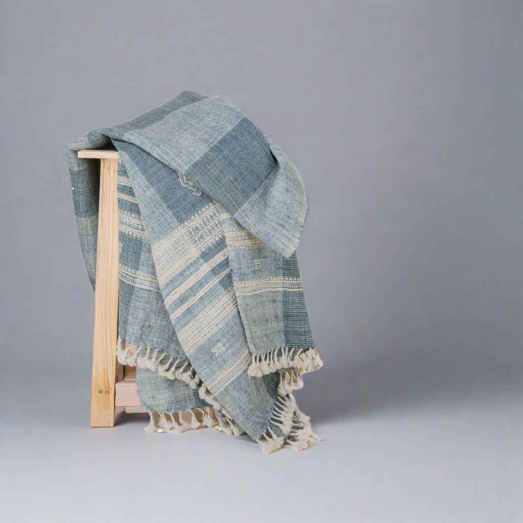 Teal Blue Indian Wool Throw Blanket, Handwoven Sofa Coverlet with Striped Foot-of-Bed Layer - IRIS