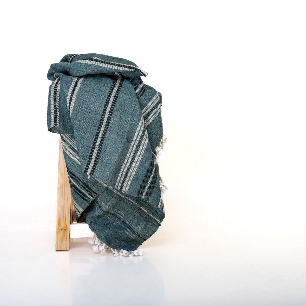 Teal Blue Striped Indian Wool Throw Blanket, Handwoven Couch Coverlet with Bed Accent - SAPPHIRE