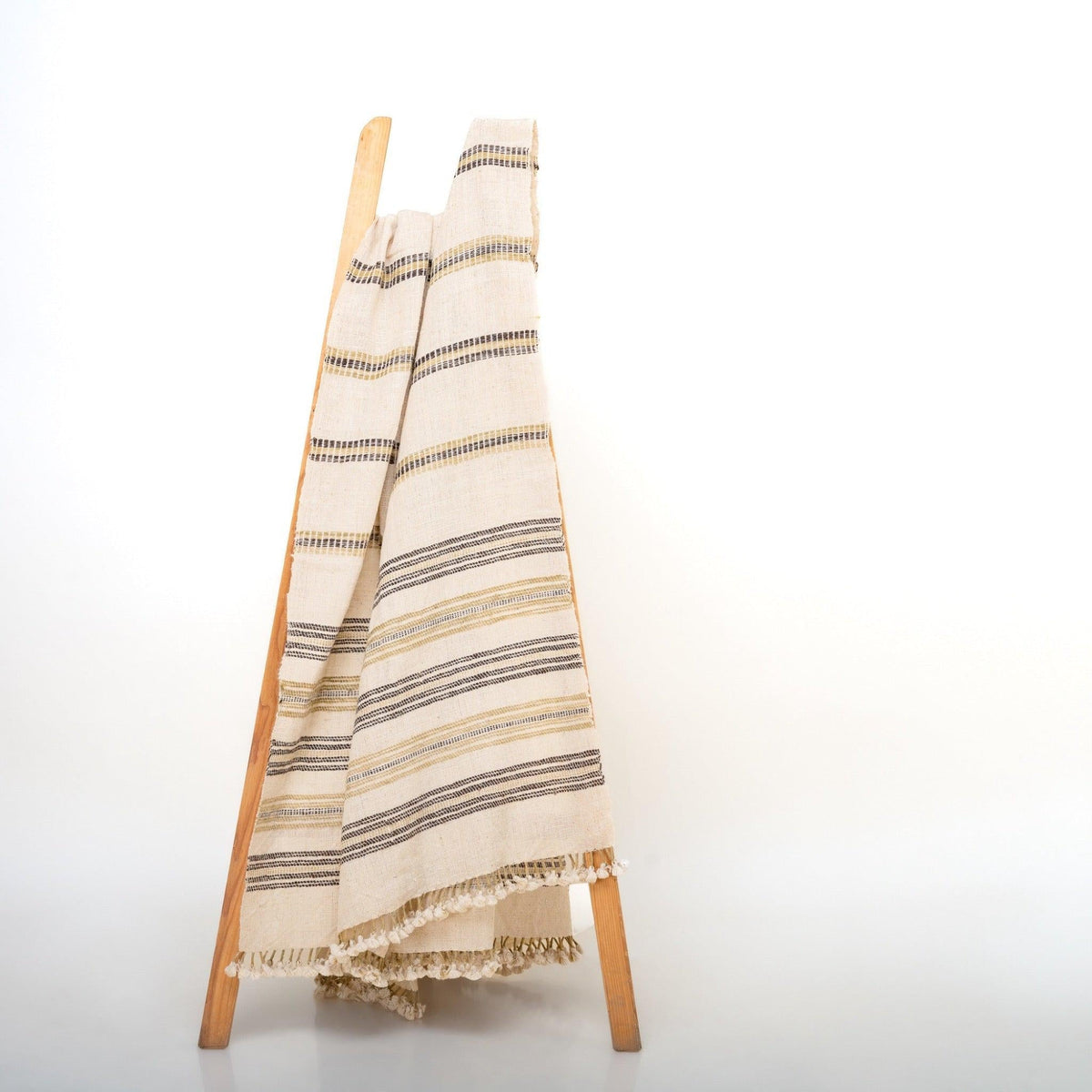 White Striped Indian Wool Throw Blanket, Handwoven Sofa Coverlet with Clean Bedroom Accent - MARBLE