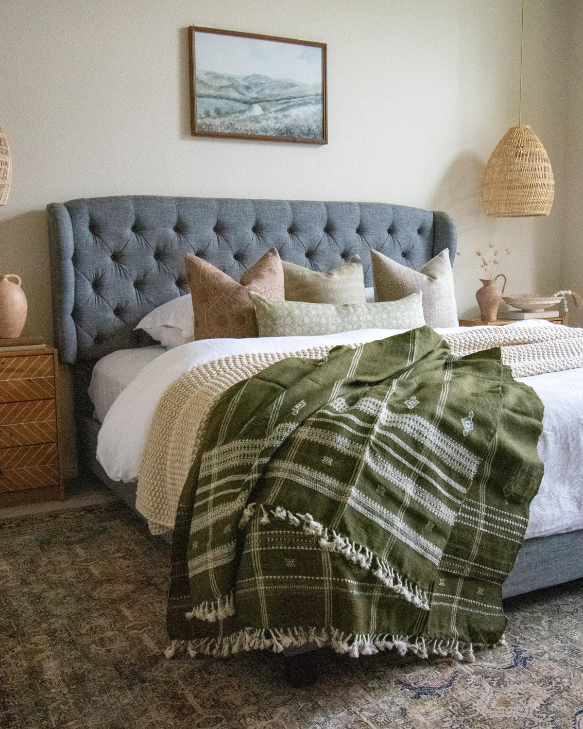 Olive Green Indian Wool Throw Blanket, Handwoven Couch Coverlet with Foot-of-Bed Layer - OLIVER