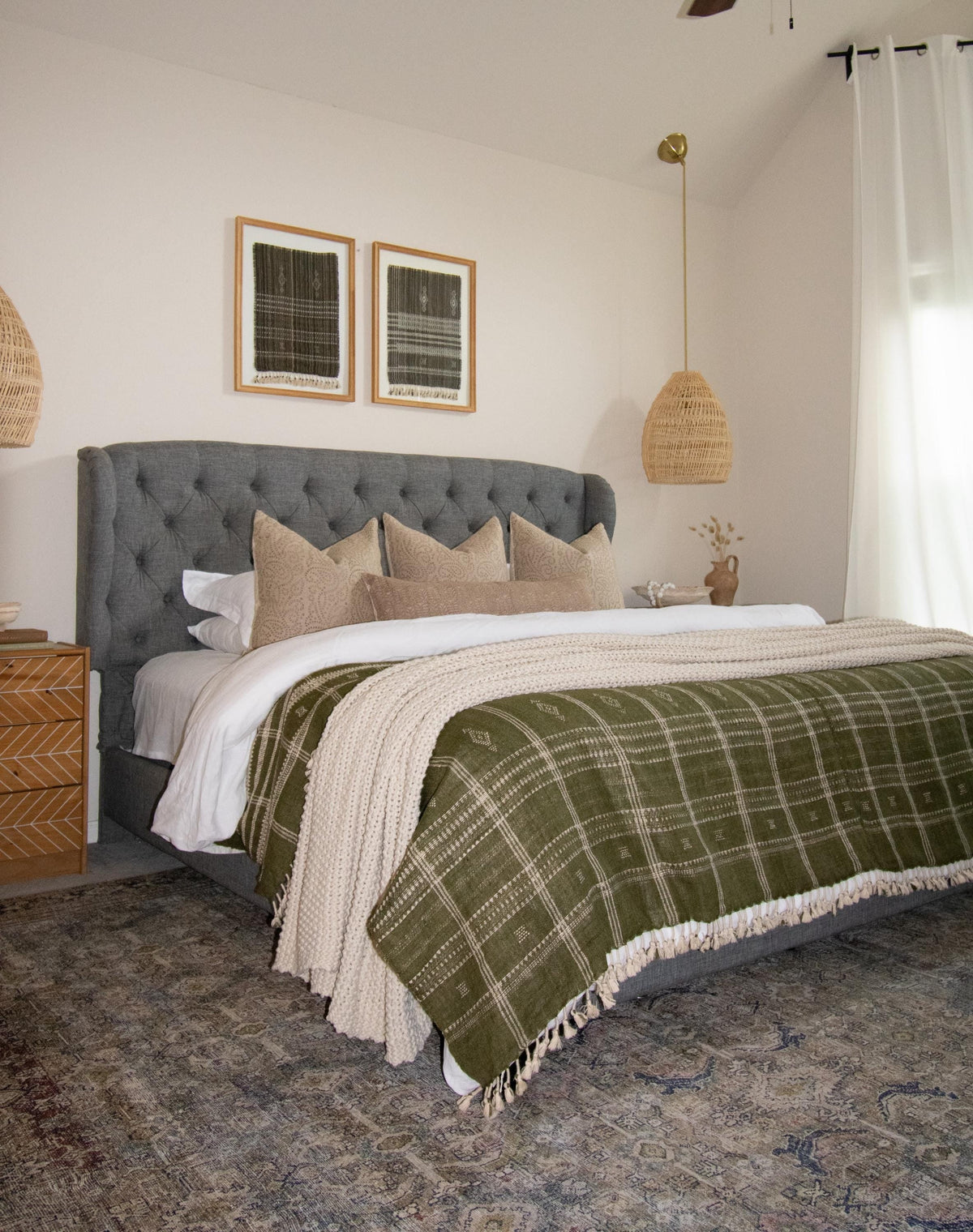 Olive Green Indian Wool Throw Blanket, Handwoven Couch Coverlet with Foot-of-Bed Layer - OLIVER