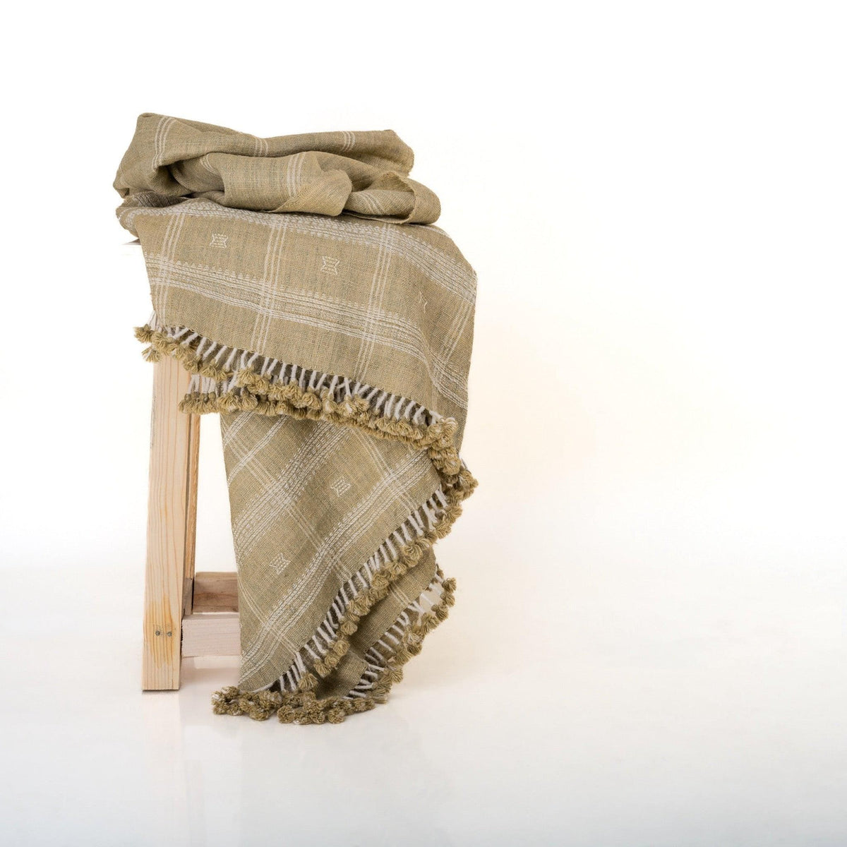 Tan Beige Indian Wool Throw Blanket, Handwoven Sofa Coverlet with Farmhouse Bedroom Layer - JASPER