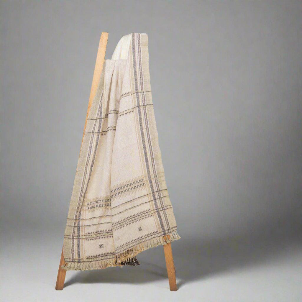 Off White Indian Wool Throw Blanket, Handwoven Sofa Coverlet with Minimalist Bed Accent - ALABASTER